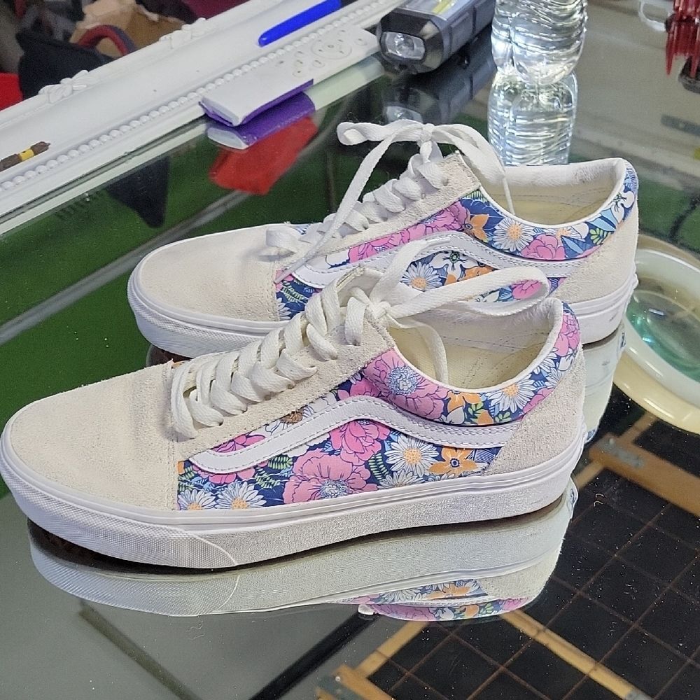 Vans White and Pink Floral Women's Sneakers